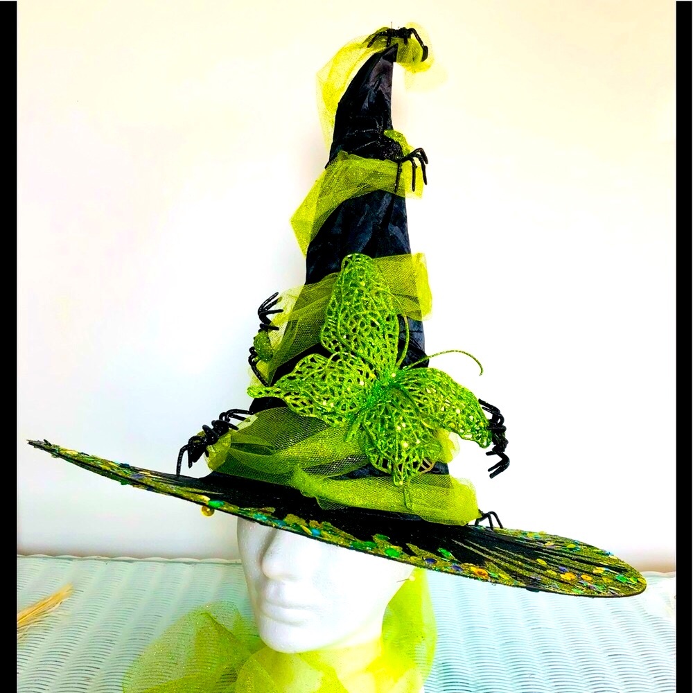 Witch hat Black & green spiders and butterfly sparkle covered broom top & bottom